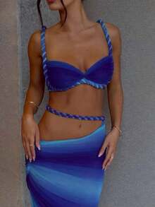 Conjunto de camiseta sin espalda sexy y falda larga plisada para mujer, atuendo de vacaciones de verano - Azul - Ver 1