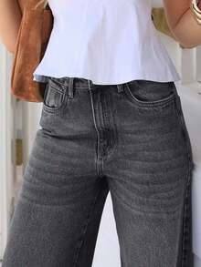 Women's Loose Casual Straight Leg Jeans With Pockets, Simple Washed Pants, Suitable Summer Wear And Also A Must-Have Item Halloween - 灰色 - 查看 6