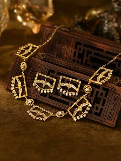 Bộ 3 món trang sức tối giản mạ đồng vàng hình học rỗng đính đá Zirconia, thiết kế tua rua, thích hợp cho phụ nữ dự đám cưới, dạ hội, ngày Valentine.