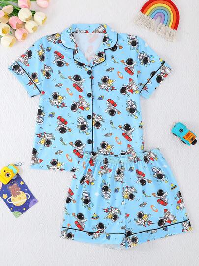 2件套幼儿男童休闲宇航员元素印花Polo领短袖开衫短裤睡衣套装，阻燃，四季皆宜