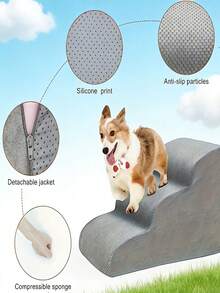 1pc Pet Stairs, Suitable For Dogs & Cats, Bedside Pet Staircase Ramp, Made Of Sponge Material, All-Season Use, Removable & Washable Pet Stairs, Grey - Light Grey - View 6