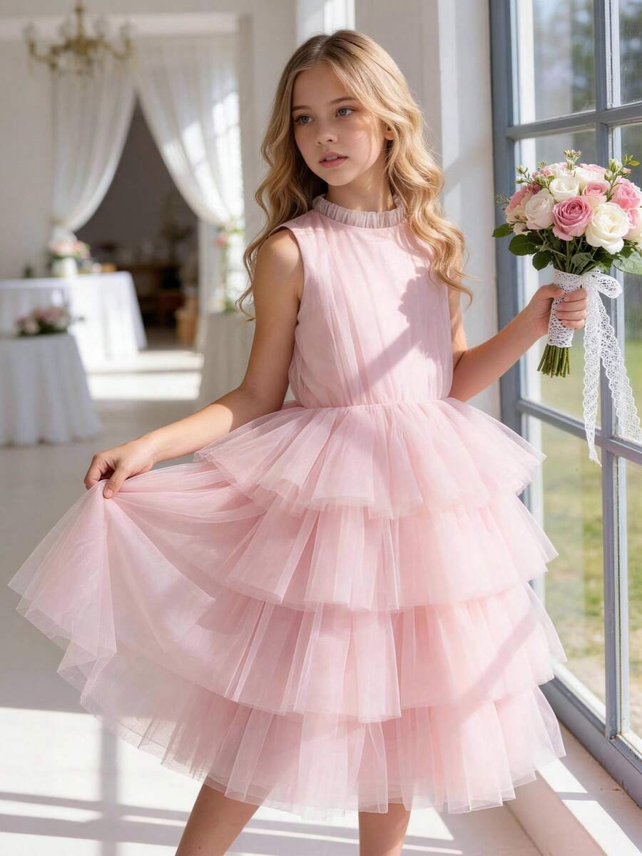 Tween Girl Sleeveless Tulle Princess Party Dress, Suitable For Birthday Party, Wedding Flower Girl, Formal Occasion, Holiday Dress - Pink - View 1