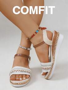 Sandal Wedges Manik-Manik Versi Lebar, Sepatu Pantai Platform Anyaman Nyaman untuk Wanita, Sandal Romawi Retro Ukuran Besar - Putih - View 4