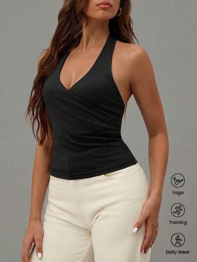 Leadlive 夏季新款黑色吊带背心，女士运动背心，休闲修身，性感露背设计，适合健身、运动、瑜伽、训练和日常穿着。