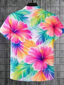 Vibrant Tropical Hibiscus Flowers Symbolize Joy Freedom And Summer Vitality Across Radiant Pink Orange And Green Leaves 3D Print Men Short Sleeve Button Up Shirt Casual Beach Style - 白色 - 查看 2