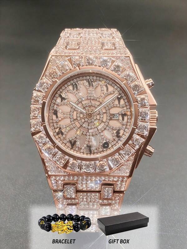 GUANQIN Luxury Full Diamond Men's Watch Set, Ice And Snow Hollow Double-Layer Watch Design, Enamel Stone Bracelet, Unique Dial, Luminous Pointer, Fashion Business Luxury Sports Classic Minimalist Mechanical Men's Automatic Mechanical Watch, Suitable For Easter, Halloween, Christmas, Father's Day, Back To School, Students, Birthday, Festivals, Valentine's Day, Dates, Business, Daily Wear, Gifts, Music Festivals, Wedding Season