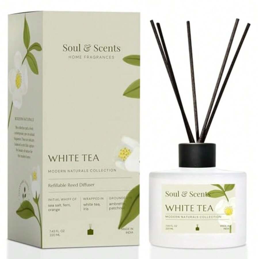 Reed Diffuser Set White Tea 7.43 oz Refillable Scented Oil with 6 Fiber Sticks Long-Lasting Home Fragrance and Air Freshener for Bedroom Bathroom Office Gift and Décor Piece - TÉ BLANCO - Ver 1
