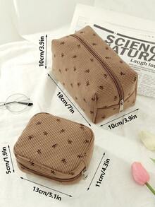 2 Pieces Set / 1 Brown Floral-Patterned Octagonal Makeup Bag, A Fashionable And Casual Large-Capacity Portable Zipper Makeup Bag Suitable For Travel And Vacation, A Must-Have Makeup Bag For Essential Items - Brown - View 2