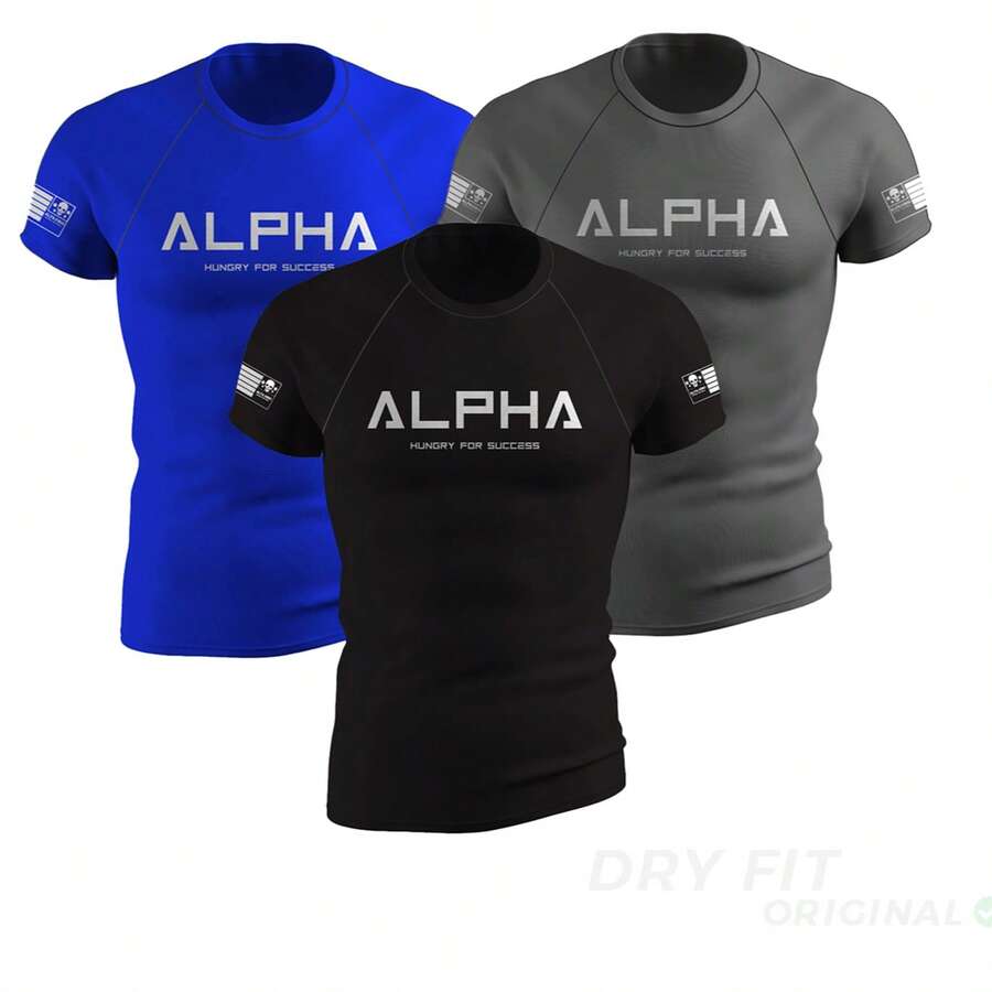 ALFA REI Kit Of 3 Men's Dry Fit T-Shirts, Original, For Gym, Weight Training, Physical Activities, Reinforced Seams, Cool Mesh, Fitness - Đen/Xám/Xanh dương - Xem 1