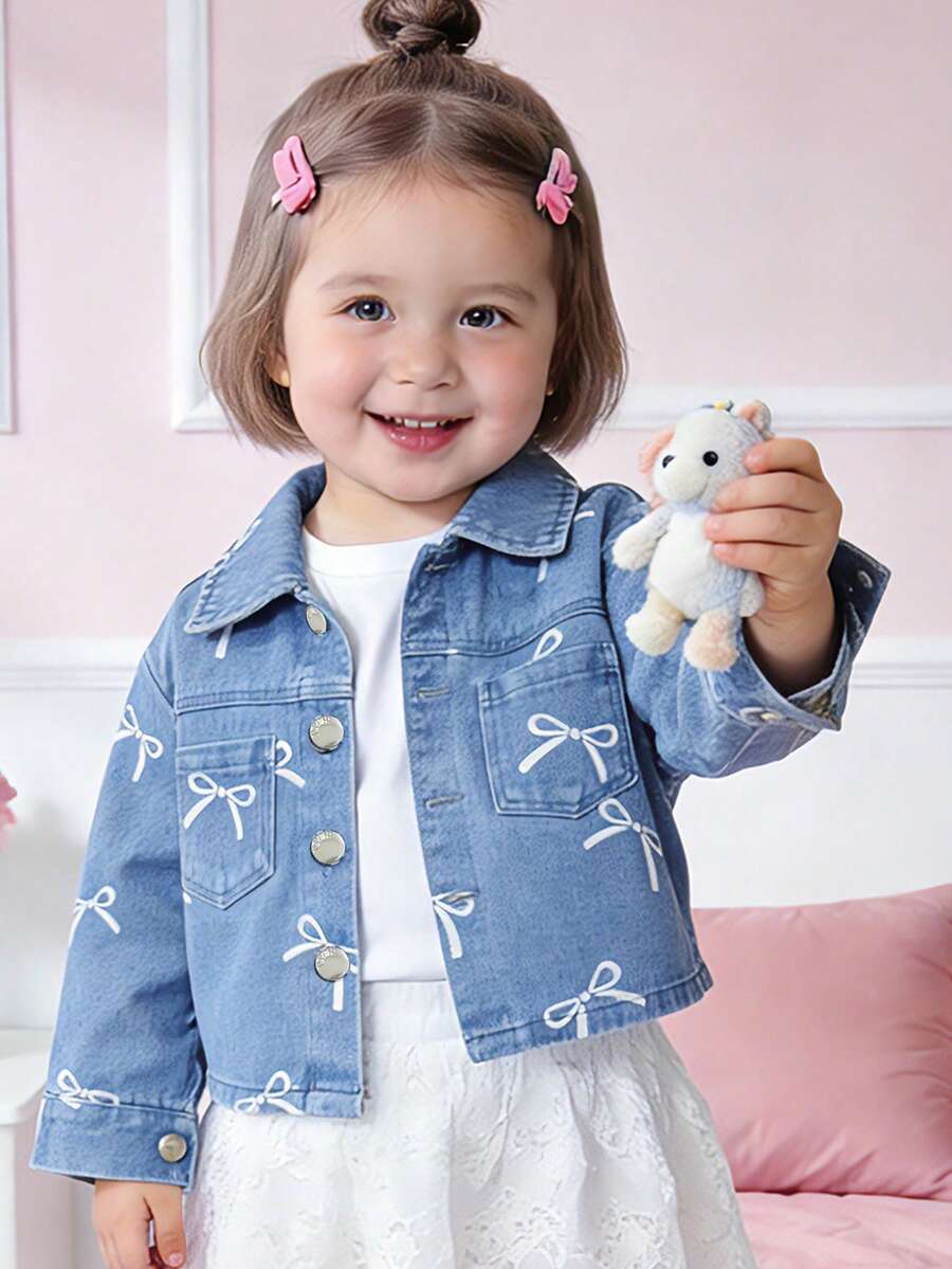 4-7岁女童春夏蝴蝶印花牛仔外套，翻领单排扣休闲百搭外套