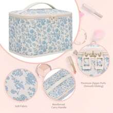 Travel Makeup Bag Cosmetic Bags for Women Makeup Case Organizer Large Capacity Travel Toiletry Bag Storage Bags with Divider and Handle for Cosmetics Toiletries Brushes Tools-Blue Floral - 001Floral azul - Ver 4