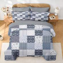 Patchwork Quilt Set Queen Size Floral Boho 3 Pcs Soft Bed Cover Bedding Set Rustic Blue Farmhouse Lightweight Bedspread Coverlet with 2 Pillow Shams for All Season - Flores azules - Ver 4