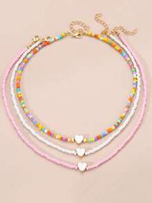Conjunto de 3 collares hechos a mano con cuentas de arroz estilo bohemio, diseño de corazón blanco, joyería colorida para niñas - Multicolor - Ver 9