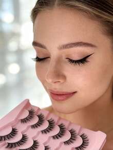 New 7 Pairs 6D Fluffy False Eyelashes, Soft Fluffy, Handmade, Reusable, Short Natural Style, 3D Stereoscopic Mink False Eyelashes, 3D Cilioss False Eyelashes, Strip False Eyelashes, Eyelashes, False Eyelashes - Black - View 6