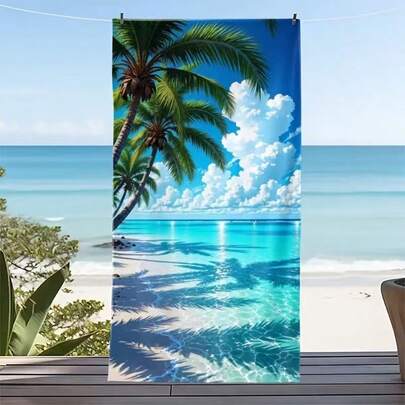1pc "Tropical Vibes: Coconut Tree & Blue Sky White Cloud Beach" Theme Beach Towel, Summer Beach Towel, Rectangular Towel, Quick Dry Absorbent, Suitable For Outdoor Travel, Beach, Camping, Bathroom, Parent-Child Festival, Party, Vacation, Perfect Gift, 27x59 Inches