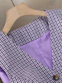 Áo khoác gile nữ bằng vải dệt kẻ caro, cài nút phía trước và có túi, kiểu dáng thường ngày, thích hợp cho mùa xuân, thu và hè. - Màu Lilac Tím - Xem 2