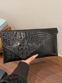 时尚纯色优雅鳄鱼纹信封手拿包，休闲百搭手提包 - 彩色 - 查看 5