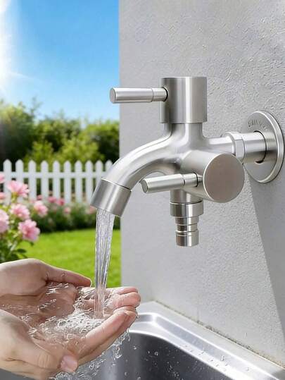 Heavy Duty Stainless Steel Dual Faucet Head, Multi-Function Irrigation Faucet With Separate Hot And Cold Control, Rust-Proof For Indoor And Outdoor Use, G1/2 Metric Thread Connection, Equipped With Latch Valve, Wall-Mounted Design, Comes With Installation Accessories, Suitable For Lawn Watering, Washing Machine, Shower, Bathtub And Garden Hose Connection, Essential Modern Home Accessory