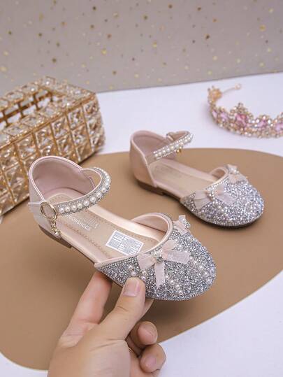 Giày Mary Jane cho bé gái, giày công chúa màu hồng bóng, đế bệt gót thấp có nơ, thích hợp cho đám cưới và tiệc tùng.