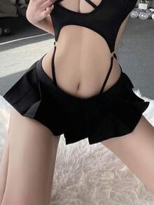 Ladies Sexy V Neck Fun Nightdress Underwear Anime Lingerie Cosplay Bodysuit Tie Top Set - 黑色連身衣和連身裙 - 查看 5