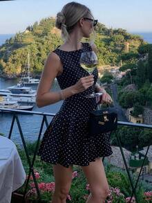 女士休闲优雅日常街头波点印花连衣裙，春夏款 - 黑 - 查看 6