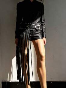 Y2K Chic Baddie Faux Leather Fringe Punk Rivet Decor Metal Zinc Alloy Heavy-Duty Buckle Fashion Rivet Belt, Versatile Streetwear OOTD - Coffee - View 8