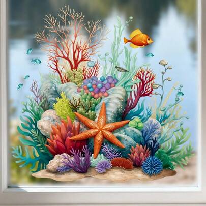 Zomerse oceaan raamsticker, zelfklevende raamsticker met zeesterren, vissen en koraal voor eenmalig gebruik, raamdecoratie met wilde dieren voor thuis, glas, deuren en kantoor (1 stuk).