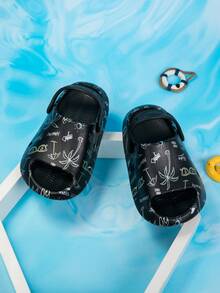 1雙男童可愛卡通恐龍與樹木英文印花時尚舒適休閒輕量百搭沙灘室內外洞洞鞋 春/夏季 - 黑色 - 查看 5