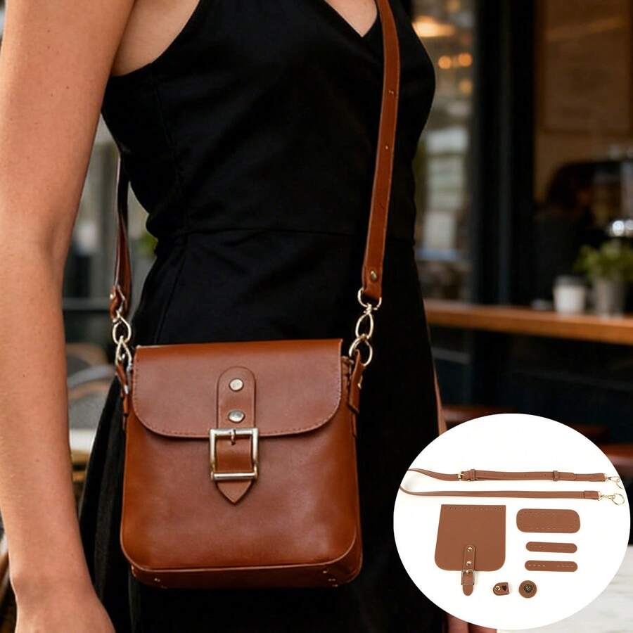 7pcs Crochet Bag DIY Kit, Includes PU Leather Bottom + Strap + Flap With Buckle & Snap + Edging + Hardware, Suitable For Beginner Handmade Weaving, DIY Handbag Making, Handbag Making Supplies, Handmade Women Handbag, Handbag Making Materials - A - View 1