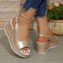 Giày sandal cao gót đế xuồng, quai ngang mắt cá chân, hở mũi, họa tiết dệt dành cho nữ, thích hợp cho mùa hè. - Vàng - Xem 4