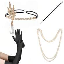 5 Pieces Of Costume Party Golden Set. Includes Prop Alloy Headgear, Gloves And Faux Pearl Glass Necklace. Can Be Used Independently. - Gold - View 7