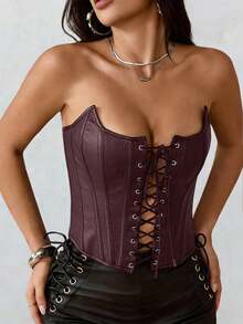 Apperloth A 性感过胸束身胸衣 PU 皮革带骨露脐抹胸上衣 女士系带前开后露背塑身衣 万圣节服装 感恩节服装 - 棗紅色 - 查看 3