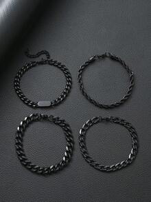 4件套男士黑色钛钢手链套装，链和费加罗链，适合日常佩戴 - 款式A - 查看 1