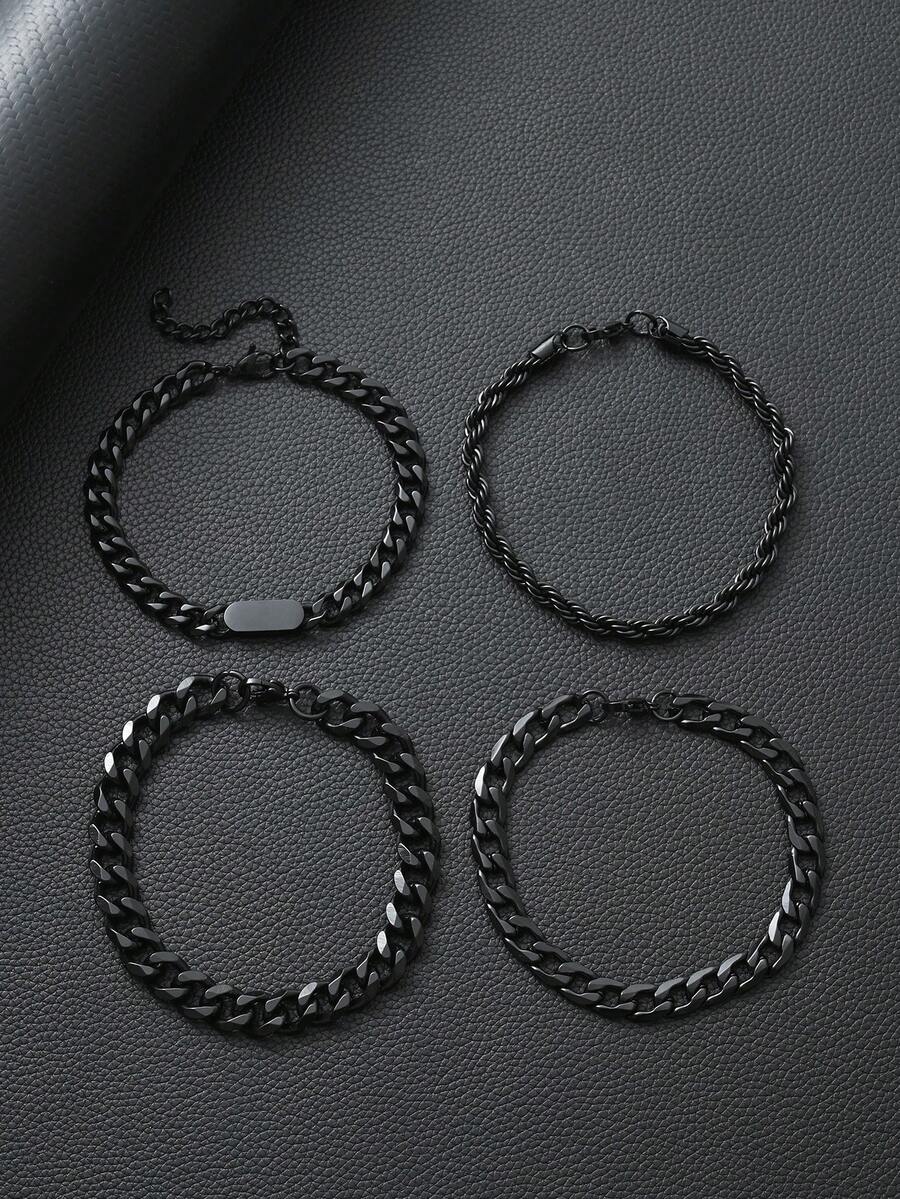 4件套男士黑色钛钢手链套装，链和费加罗链，适合日常佩戴 - 款式A - 查看 1