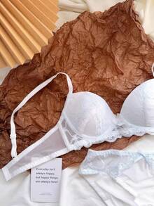 Japanese-Style Gentle And Sweet Women's Lingerie, Romantic Lace, Pure Desire Style, Small Chest Gathering, Wireless Bra - Baby Blue - View 4