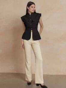 Amyenjoylife Modern Filipiniana Sleeveless Stand Collar Button-Up Peplum Top, Black - 黑色 - 查看 3