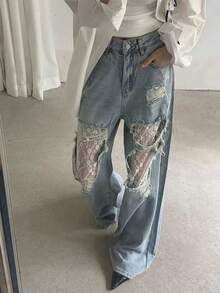 Quần jeans rách phối ren thời trang mùa xuân - Rửa nhẹ - Xem 3