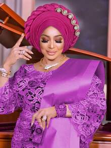 1pc Royal Blue Satin Braided Gele Turban For Women, Rhinestone Embellished African Headwrap For Wedding & Party Occasions - A - 查看 15