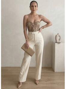 Quần ống đứng màu trơn thời trang, đa năng, thích hợp cho mùa xuân. - Màu be - Xem 6