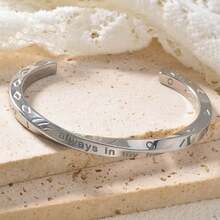 1pc Minimalist Luxury 18K Gold Plated Silver Infinity Loop Engraved Open Bangle Bracelet, Unisex Daily Wear, Couples Jewelry - Silver - View 4