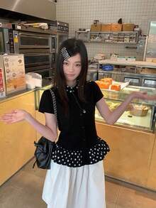 Black & Polka Dot Puff Collar Short Sleeve T-Shirt, Fitted Design, Versatile Summer Top For Women - Black - View 5
