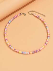 1pc Dopamine Colorful Polymer Clay Beaded Necklace, Essential Beach Vacation Accessory, Perfect Gift For Birthday, Holiday - Colorful - View 2