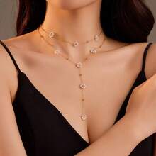 Bộ 1 dây chuyền tua rua hoa ngọc trai bằng thép không gỉ, kiểu dáng độc đáo, cao cấp, thanh lịch, đa năng, phù hợp cho phụ nữ đeo hàng ngày và trong nhiều dịp khác nhau. - Vàng - Xem 8