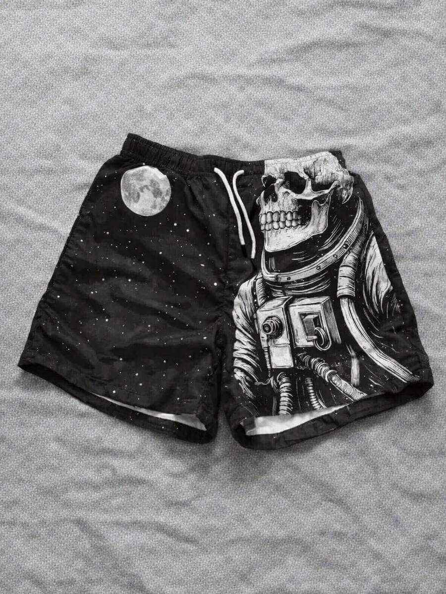 1 chiếc quần short nam phong cách đường phố tối giản, thiết kế họa tiết, thích hợp cho mùa hè. - màu đen - Xem 1