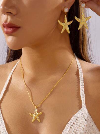 Bộ dây chuyền và bông tai mặt dây chuyền hình ngôi sao phong cách Bohemian thời thượng - Bông tai ngọc trai giả tinh tế và sành điệu