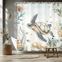 Bộ 4 món đồ dùng phòng tắm cao cấp họa tiết rùa san hô dưới nước, bao gồm rèm tắm, 12 móc nhựa, thảm chống trượt phòng tắm, nắp bồn cầu hình chữ U, phụ kiện trang trí phòng tắm hiện đại. - A - Xem 23