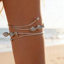 1pc Silver Wavy Shell Armband, Bohemian Gold Summer Beach Style Adjustable Stainless Steel Arm Cuff For Women - Silver - View 5