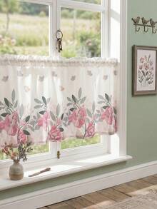 1pc Minimalist Floral Print Curtain, Farmhouse Style Coffee Shade, Short Partition Curtain, Window Door Decor - Multicolor - View 1