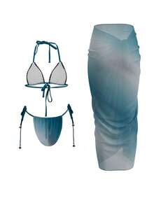 3件套女士蓝色性感优雅渐变三角罩杯比基尼套装，包含渐变系腰纱笼裙，适合春夏休闲海滩、泳池派对等场合，时尚泳装度假之选。 - 彩色 - 查看 2