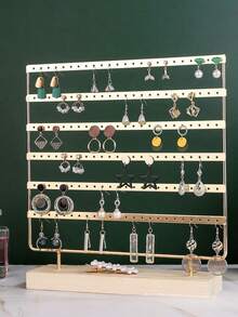 1pc Metal Jewelry Display Stand With Multi-Hole Walnut Color Base, 6-Tier Earring & Stud Holder, Jewelry Store Live Stream Booth Home Decor Display Prop - Walnut-colored Base - View 7